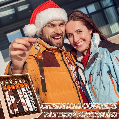 12 Pcs Christmas Cowhide Keychain Bulk Western Key Chains Christmas Fake Hairy Fur Cortical Leather Wrist Lanyard with Metal Clasp for Men Women Xmas Holiday Gift for Families Friends Neighbors in Saudi Arabia