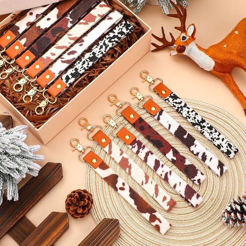 12 Pcs Christmas Cowhide Keychain Bulk Western Key Chains Christmas Fake Hairy Fur Cortical Leather Wrist Lanyard with Metal Clasp for Men Women Xmas Holiday Gift for Families Friends Neighbors in Saudi Arabia