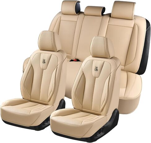 Leather Seat Covers Full Set, Waterproof Seat Cover for Cars 5 Seats, Luxury Leatherette Car Seat Cushion, Front and Rear Protectors Automotive Seat Covers for Sedan SUV Pick-up Truck, Beige in Saudi Arabia