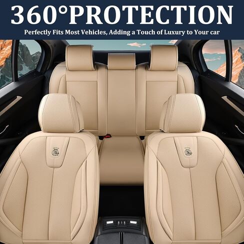 Leather Seat Covers Full Set, Waterproof Seat Cover for Cars 5 Seats, Luxury Leatherette Car Seat Cushion, Front and Rear Protectors Automotive Seat Covers for Sedan SUV Pick-up Truck, Beige in Saudi Arabia