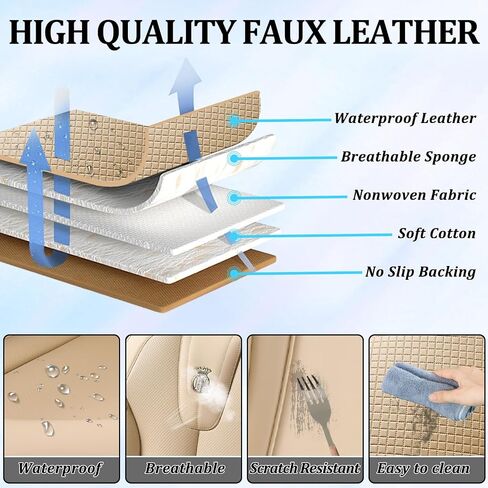 Leather Seat Covers Full Set, Waterproof Seat Cover for Cars 5 Seats, Luxury Leatherette Car Seat Cushion, Front and Rear Protectors Automotive Seat Covers for Sedan SUV Pick-up Truck, Beige in Saudi Arabia