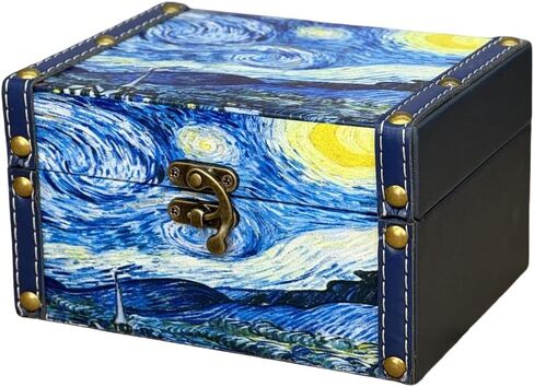 صندوق الكنز الخشبي العتيق + جلد البولي يوريثان صناديق تخزين مزخرفة حلية صندوق مجوهرات تذكار صندوق تذكار مع أغطية هدايا للأطفال الفتيات النساء ديكور المنزل (ليلة مرصعة بالنجوم) in Kuwait