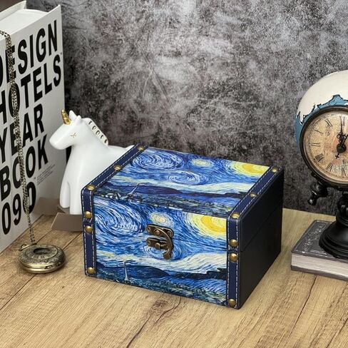 صندوق الكنز الخشبي العتيق + جلد البولي يوريثان صناديق تخزين مزخرفة حلية صندوق مجوهرات تذكار صندوق تذكار مع أغطية هدايا للأطفال الفتيات النساء ديكور المنزل (ليلة مرصعة بالنجوم) in Kuwait