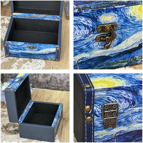 صندوق الكنز الخشبي العتيق + جلد البولي يوريثان صناديق تخزين مزخرفة حلية صندوق مجوهرات تذكار صندوق تذكار مع أغطية هدايا للأطفال الفتيات النساء ديكور المنزل (ليلة مرصعة بالنجوم) in Kuwait