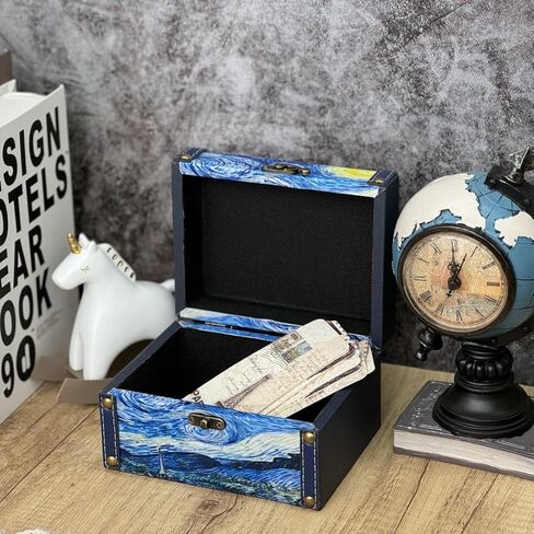 صندوق الكنز الخشبي العتيق + جلد البولي يوريثان صناديق تخزين مزخرفة حلية صندوق مجوهرات تذكار صندوق تذكار مع أغطية هدايا للأطفال الفتيات النساء ديكور المنزل (ليلة مرصعة بالنجوم) in Kuwait