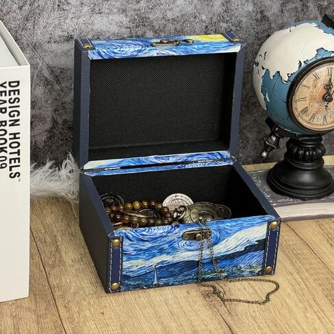 صندوق الكنز الخشبي العتيق + جلد البولي يوريثان صناديق تخزين مزخرفة حلية صندوق مجوهرات تذكار صندوق تذكار مع أغطية هدايا للأطفال الفتيات النساء ديكور المنزل (ليلة مرصعة بالنجوم) in Kuwait