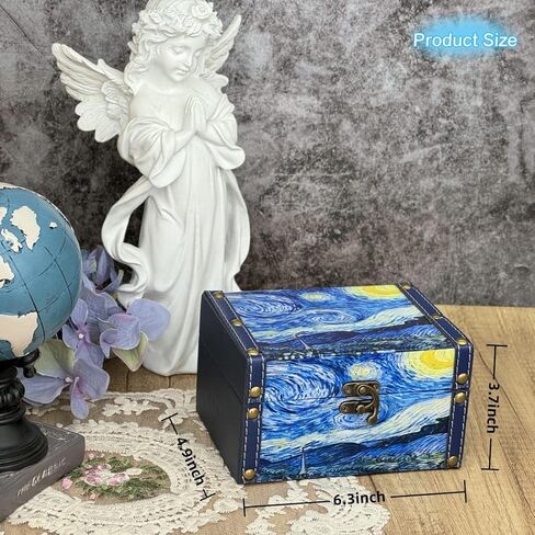 صندوق الكنز الخشبي العتيق + جلد البولي يوريثان صناديق تخزين مزخرفة حلية صندوق مجوهرات تذكار صندوق تذكار مع أغطية هدايا للأطفال الفتيات النساء ديكور المنزل (ليلة مرصعة بالنجوم) in Kuwait