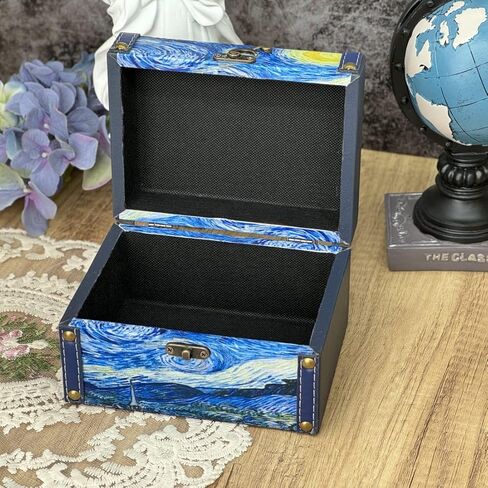 صندوق الكنز الخشبي العتيق + جلد البولي يوريثان صناديق تخزين مزخرفة حلية صندوق مجوهرات تذكار صندوق تذكار مع أغطية هدايا للأطفال الفتيات النساء ديكور المنزل (ليلة مرصعة بالنجوم) in Kuwait