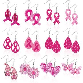 12 زوجًا من الأقراط للتوعية بسرطان الثدي للنساء، مجموعة مجوهرات من الأقراط المتدلية المصنوعة من الأكريليك بشريط وردي أو للسيدات in Kuwait