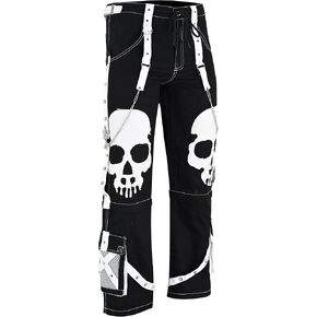 Gothic Punk Pants with Skull Design & Chain Straps – Black and White Alternative Fashion – 100% Cotton in Saudi Arabia