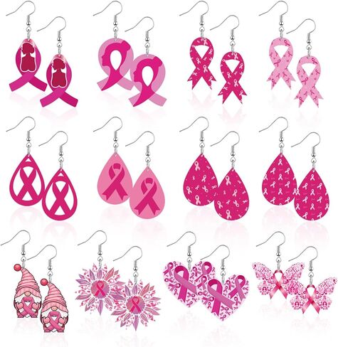 12 زوجًا من الأقراط للتوعية بسرطان الثدي للنساء، مجموعة مجوهرات من الأقراط المتدلية المصنوعة من الأكريليك بشريط وردي أو للسيدات in Kuwait