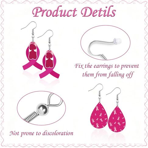 12 زوجًا من الأقراط للتوعية بسرطان الثدي للنساء، مجموعة مجوهرات من الأقراط المتدلية المصنوعة من الأكريليك بشريط وردي أو للسيدات in Kuwait