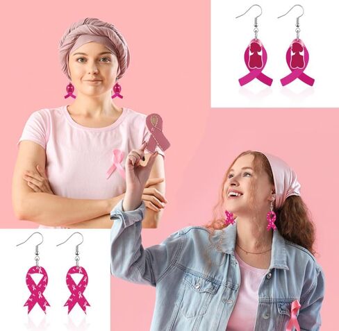 12 زوجًا من الأقراط للتوعية بسرطان الثدي للنساء، مجموعة مجوهرات من الأقراط المتدلية المصنوعة من الأكريليك بشريط وردي أو للسيدات in Kuwait