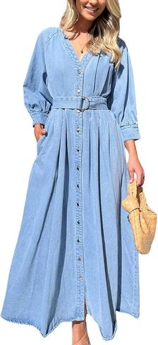 chouyatou Women's Boho V-Neck Button Down Swing Maxi Denim Dress 3/4 Sleeve Casual Belted Long Jean Dress in Saudi Arabia