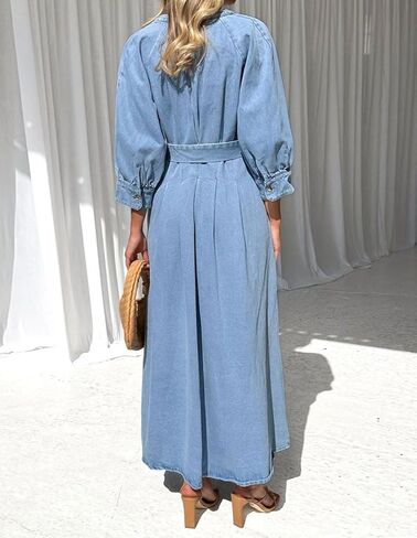 chouyatou Women's Boho V-Neck Button Down Swing Maxi Denim Dress 3/4 Sleeve Casual Belted Long Jean Dress in Saudi Arabia