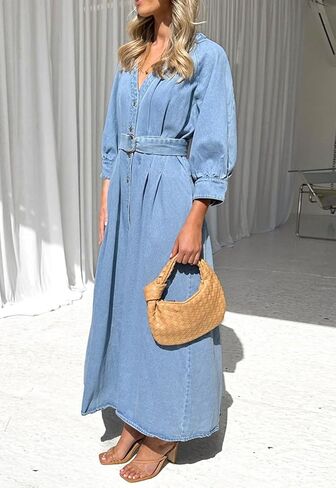 chouyatou Women's Boho V-Neck Button Down Swing Maxi Denim Dress 3/4 Sleeve Casual Belted Long Jean Dress in Saudi Arabia
