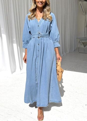 chouyatou Women's Boho V-Neck Button Down Swing Maxi Denim Dress 3/4 Sleeve Casual Belted Long Jean Dress in Saudi Arabia