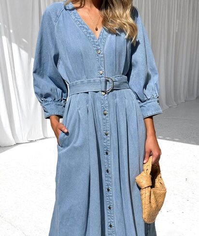 chouyatou Women's Boho V-Neck Button Down Swing Maxi Denim Dress 3/4 Sleeve Casual Belted Long Jean Dress in Saudi Arabia
