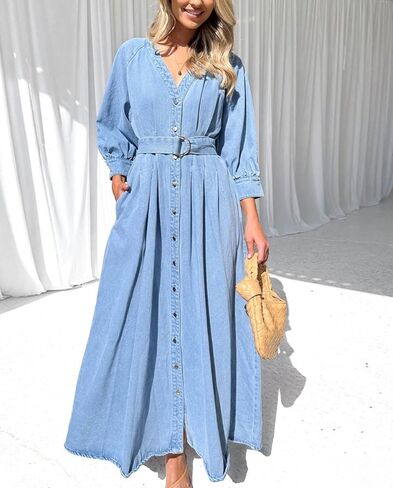 chouyatou Women's Boho V-Neck Button Down Swing Maxi Denim Dress 3/4 Sleeve Casual Belted Long Jean Dress in Saudi Arabia
