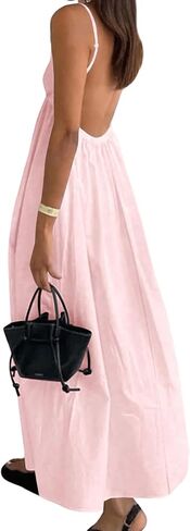 Women's Dress V Neck Backless Spaghetti Strap Maxi Dress for Women Flowy Boho Casual Sundress in Saudi Arabia