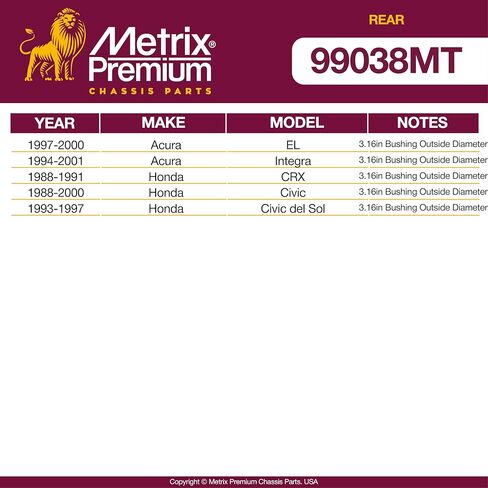 أجزاء الهيكل الفاخرة من Metrix - طقم جلبة ذراع خلفي للأمام مكون من قطعتين يناسب 94-01 Acura Integra، 97-00 Acura EL، 93-97 Honda Civic del Sol، 88-00 Civic، K80668، صنع في أوروبا in Saudi Arabia