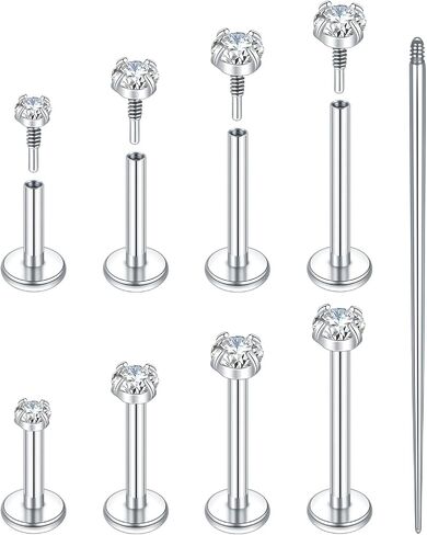 Oveta 4 Pairs Flat Back Studs Earrings Surgical Steel for Tragus Cartilage Piercing Jewelry Internally Threaded Nose Rings Studs 18G 16G, 6/8/10/12mm Bar Length, Silver/Gold in Saudi Arabia