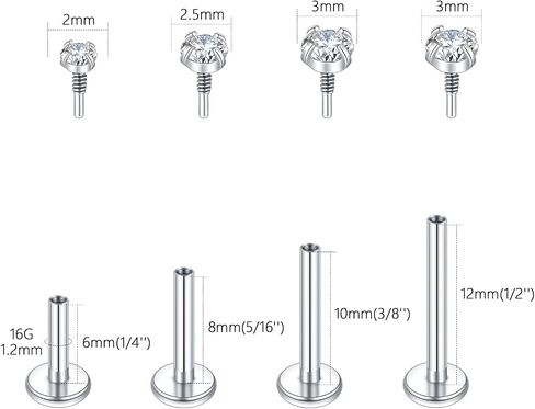 Oveta 4 Pairs Flat Back Studs Earrings Surgical Steel for Tragus Cartilage Piercing Jewelry Internally Threaded Nose Rings Studs 18G 16G, 6/8/10/12mm Bar Length, Silver/Gold in Saudi Arabia
