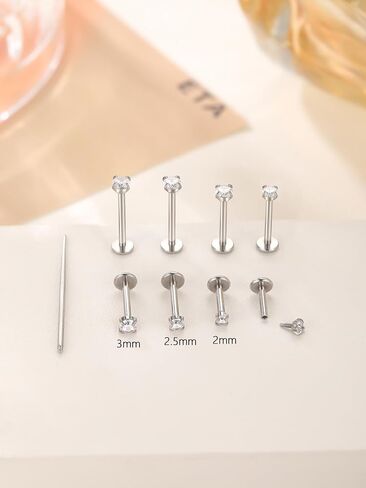 Oveta 4 Pairs Flat Back Studs Earrings Surgical Steel for Tragus Cartilage Piercing Jewelry Internally Threaded Nose Rings Studs 18G 16G, 6/8/10/12mm Bar Length, Silver/Gold in Saudi Arabia