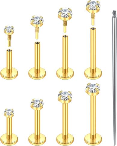 Oveta 4 Pairs Flat Back Studs Earrings Surgical Steel for Tragus Cartilage Piercing Jewelry Internally Threaded Nose Rings Studs 18G 16G, 6/8/10/12mm Bar Length, Silver/Gold in Saudi Arabia