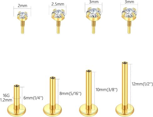 Oveta 4 Pairs Flat Back Studs Earrings Surgical Steel for Tragus Cartilage Piercing Jewelry Internally Threaded Nose Rings Studs 18G 16G, 6/8/10/12mm Bar Length, Silver/Gold in Saudi Arabia