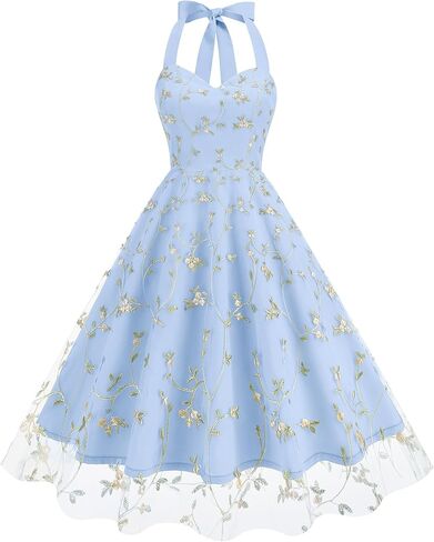 IKADEX Vintage Halter Floral Embroidery Women 1950s Rockabilly Swing Dress Tulle Pinup Style Cocktail Prom Midi Dress in Saudi Arabia
