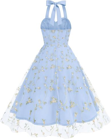 IKADEX Vintage Halter Floral Embroidery Women 1950s Rockabilly Swing Dress Tulle Pinup Style Cocktail Prom Midi Dress in Saudi Arabia
