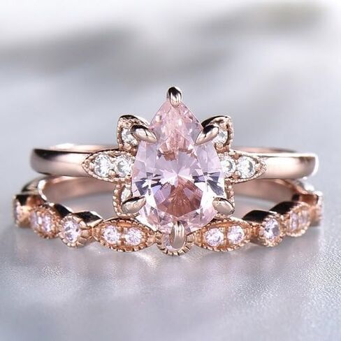 New rose gold set with teardrop pink zircon couple rings in Saudi Arabia