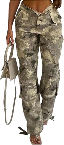 Women’s Camo Cargo Pants, Y2K Baggy Wide Leg Camouflage Joggers with Flap Pockets, Streetwear Army Trousers for Casual in Kuwait