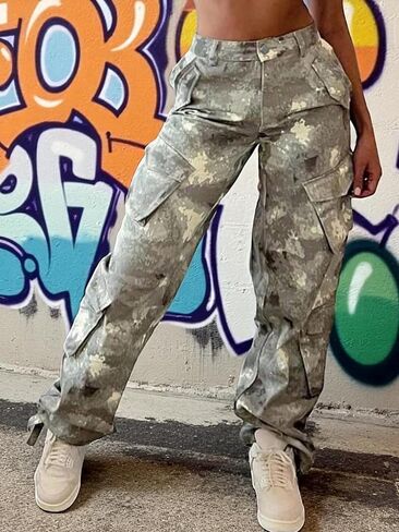 Women’s Camo Cargo Pants, Y2K Baggy Wide Leg Camouflage Joggers with Flap Pockets, Streetwear Army Trousers for Casual in Kuwait
