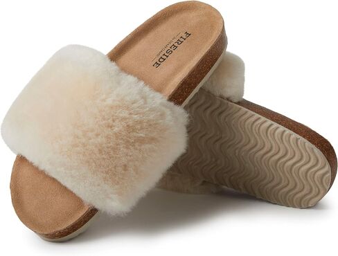 Dearfoams Women's Fireside Canberra Shearling Cork Footbed Easy on/Off Slide Sandal in Saudi Arabia