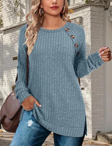 Long Sleeve Shirts for Women Lightweight Button Decor Tunic Tops Side Split in Saudi Arabia