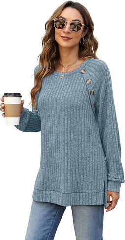 Long Sleeve Shirts for Women Lightweight Button Decor Tunic Tops Side Split in Saudi Arabia