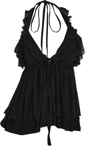 بلوزة نسائية Y2k ذات رسن علوي وكشكشة وطبقات وياقة على شكل حرف V عميقة بدون أكمام in Kuwait