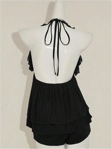 بلوزة نسائية Y2k ذات رسن علوي وكشكشة وطبقات وياقة على شكل حرف V عميقة بدون أكمام in Kuwait