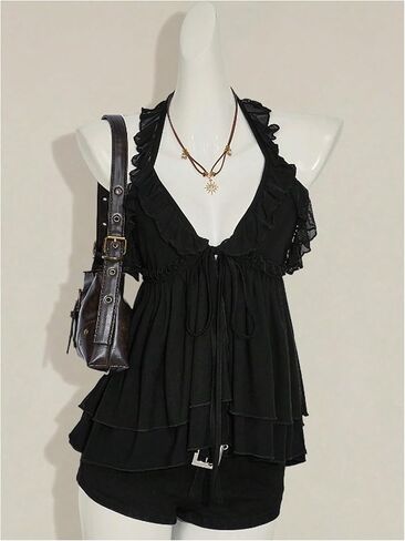 بلوزة نسائية Y2k ذات رسن علوي وكشكشة وطبقات وياقة على شكل حرف V عميقة بدون أكمام in Kuwait