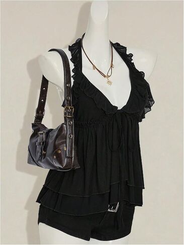 بلوزة نسائية Y2k ذات رسن علوي وكشكشة وطبقات وياقة على شكل حرف V عميقة بدون أكمام in Kuwait