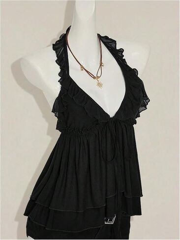 بلوزة نسائية Y2k ذات رسن علوي وكشكشة وطبقات وياقة على شكل حرف V عميقة بدون أكمام in Kuwait