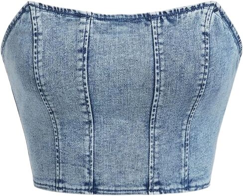 WDIRARA Women's Denim Tube Top Y2k Strapless Sleeveless Zip Back Bandeau Crop Tops in Saudi Arabia