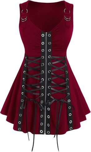 ROSE GAL Rosegal Womens Plus Size Gothic Lace Up Grommets Full Zipper Sleeveless Strap Tank Top in Saudi Arabia