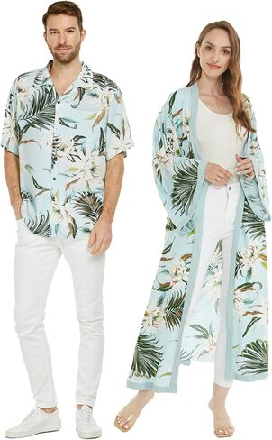 Matchable Couple Hawaiian Luau Shirt or Maxi Kimono in Wispy Cereus Light Blue in Saudi Arabia