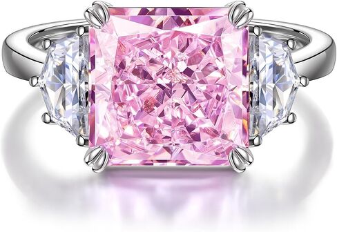 GONA 6CT Pink Diamond Ring for Women, VVS Brilliant Cut 10x10MM Three Stone Ice Gemstone, Tarnish-Resistant Silver Setting Elegant Engagement, Anniversary, Wedding and Promise Jewelry Gift in Saudi Arabia