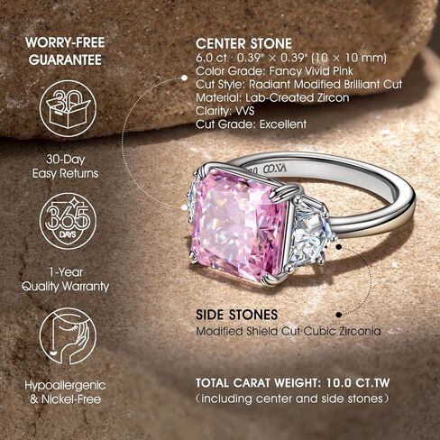 GONA 6CT Pink Diamond Ring for Women, VVS Brilliant Cut 10x10MM Three Stone Ice Gemstone, Tarnish-Resistant Silver Setting Elegant Engagement, Anniversary, Wedding and Promise Jewelry Gift in Saudi Arabia