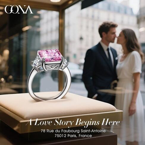 GONA 6CT Pink Diamond Ring for Women, VVS Brilliant Cut 10x10MM Three Stone Ice Gemstone, Tarnish-Resistant Silver Setting Elegant Engagement, Anniversary, Wedding and Promise Jewelry Gift in Saudi Arabia