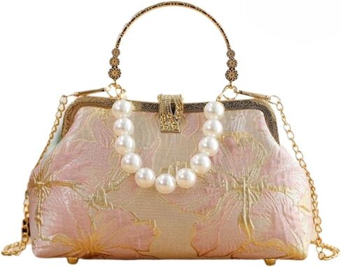 Pearl Evening Bag for Women Lily Pattern Vintage Embroidered Floral Clutch Purse Evening Handbag Shoulder Crossbody Bags in Saudi Arabia